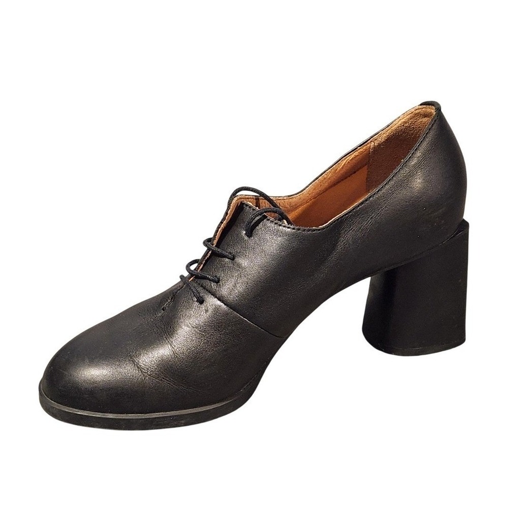 Vintage Camper Shoes Womens Size 7 Black Leather Lace Up Block Heel Pumps